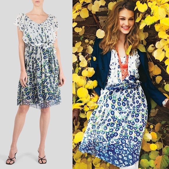 DVF Silk Crinkle Chiffon Floral Print Ruffle V-Neck Flutter Short Sleeve Dress 8 - Picture 1 of 6